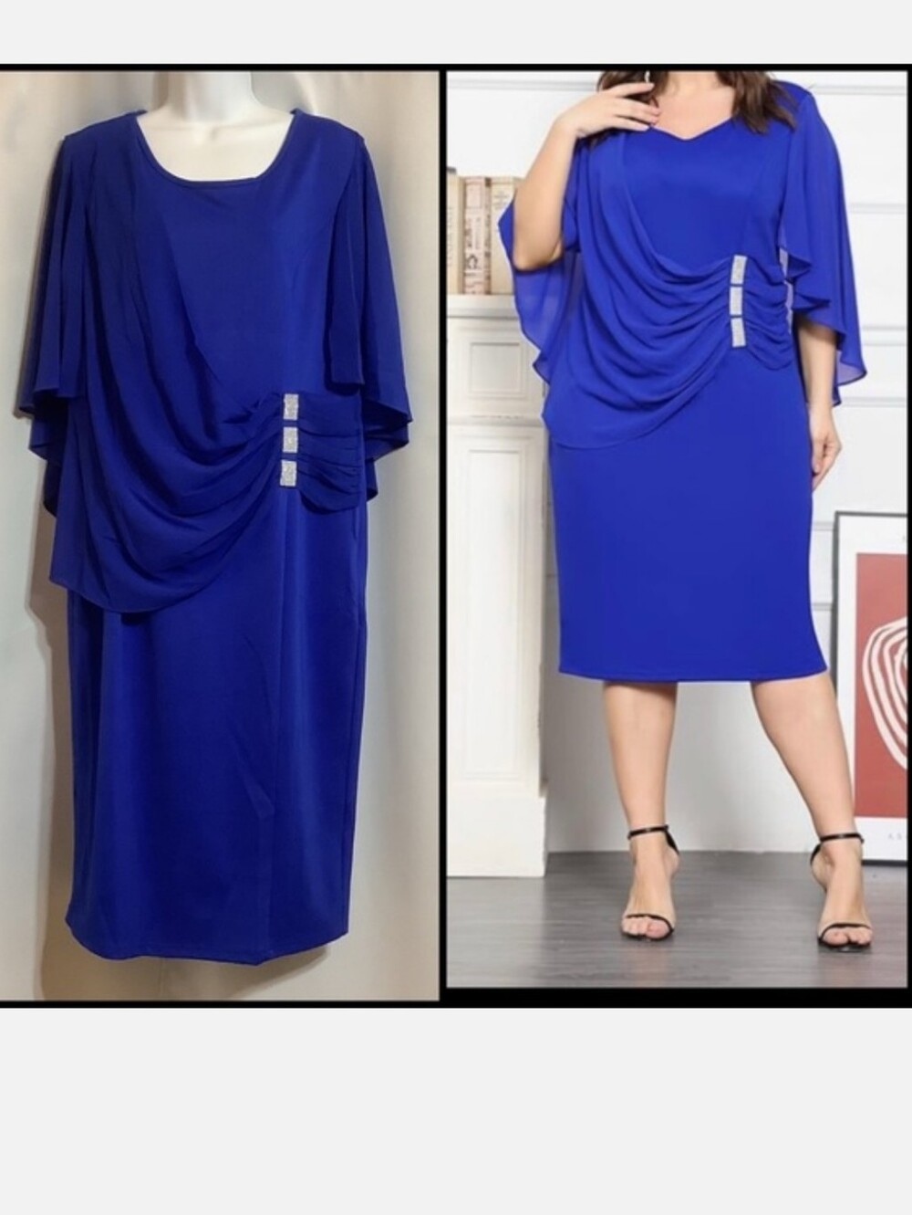 Kim Curvy Dress Women’s Size XL Formal Chiffon Cape Side Zipper Blue